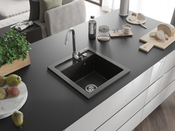Mexen Vito Granitspüle 1-Becken 520 x 490 mm, schwarz/gold metallic, Chrom-Siphon - 6503521000-75
