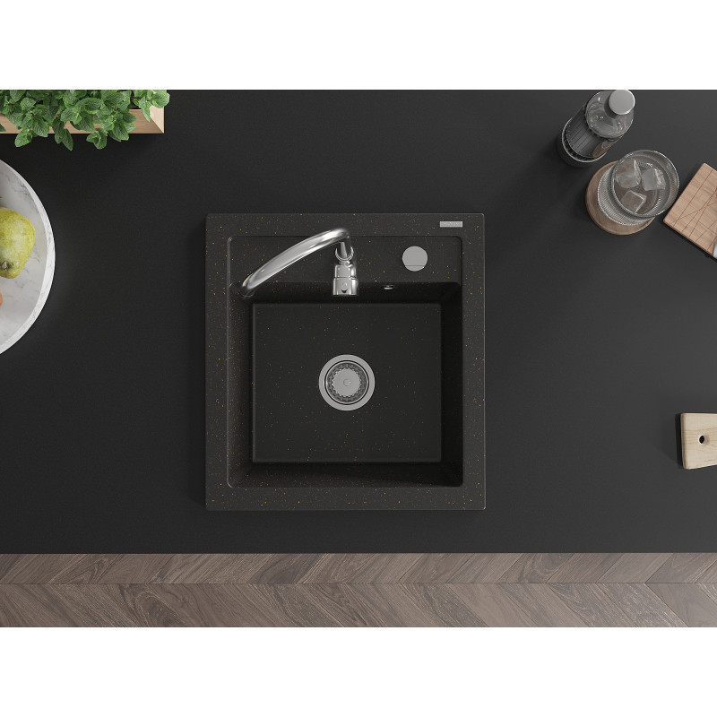 Mexen Vito Granitspüle 1-Becken 520 x 490 mm, schwarz/gold metallic, Chromsiphon - 6503521000-75