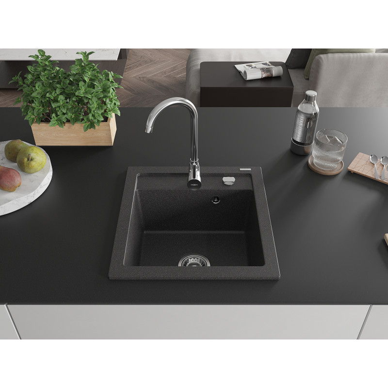 Mexen Vito Granitspüle 1-Becken 520 x 490 mm, schwarz gesprenkelt, Siphon Chrom - 6503521000-76