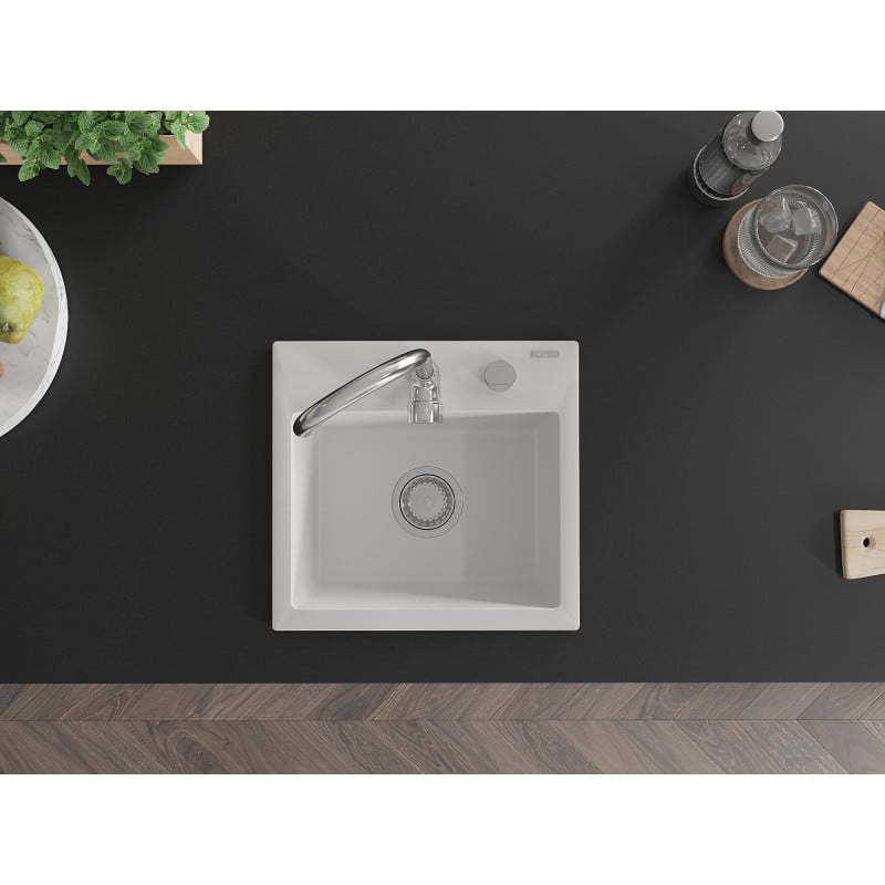 Mexen Milo Granitspüle 1-Becken 435 x 410 mm, weiß, Siphon Chrom - 6505441000-20