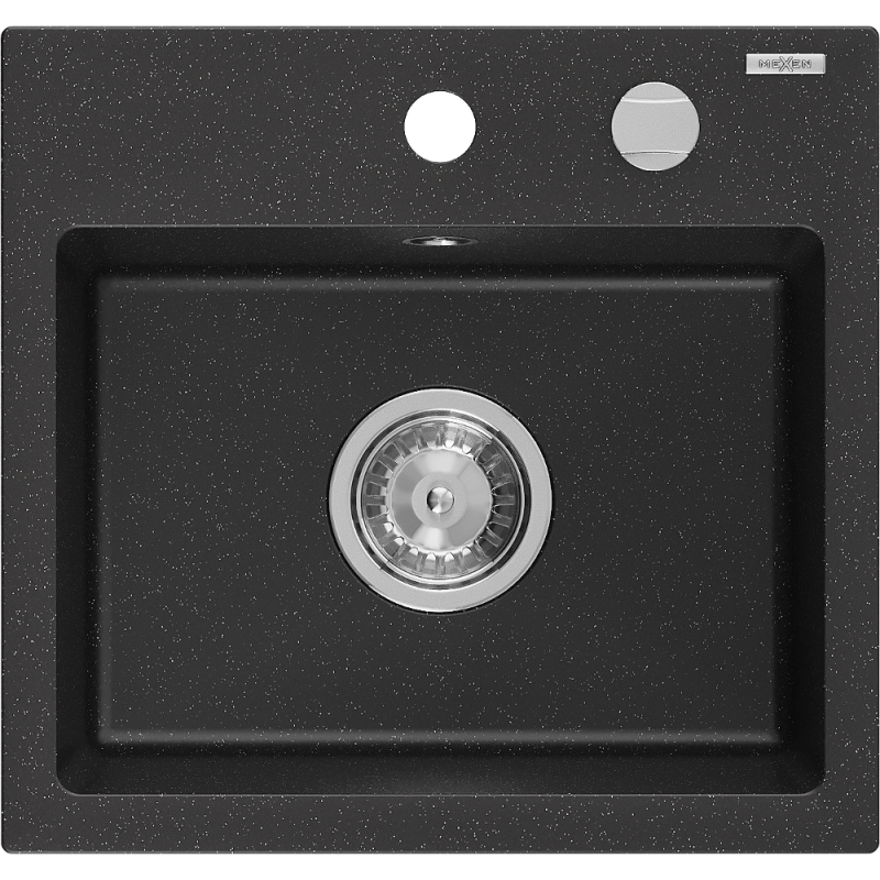 Mexen Milo Granitspüle 1-beckig 435 x 410 mm, schwarz/silber metallisch, Chrom-Siphon - 6505441000-73