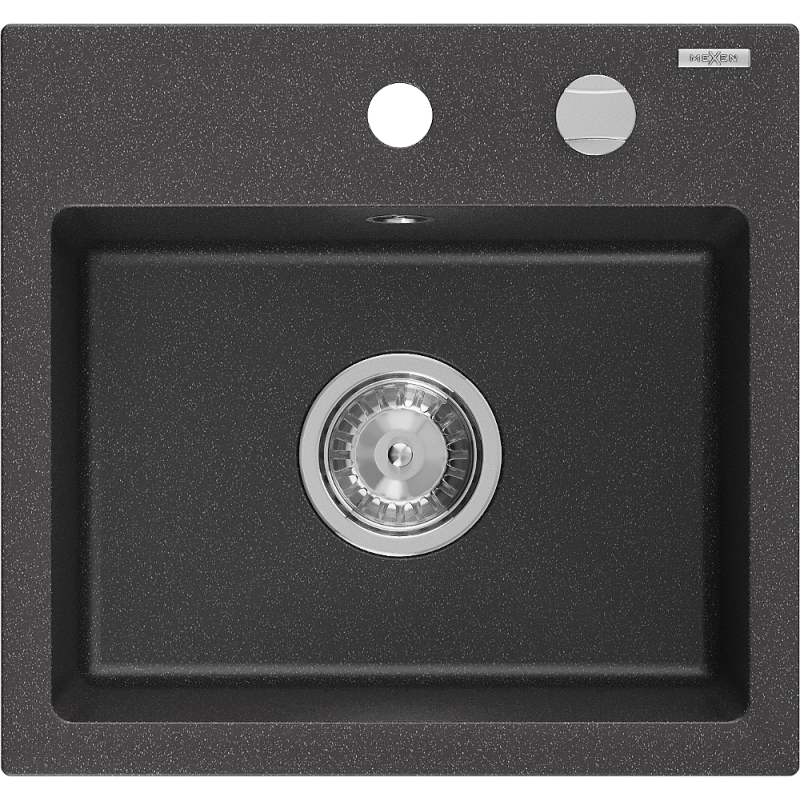 Mexen Milo Granitspüle 1-beckig 435 x 410 mm, schwarz gesprenkelt, Chrom-Siphon - 6505441000-76