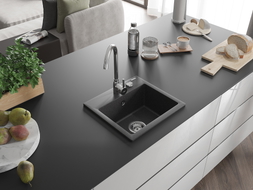 Mexen Milo Granitspüle 1-beckig 435 x 410 mm, schwarz gesprenkelt, Siphon Chrom - 6505441000-76