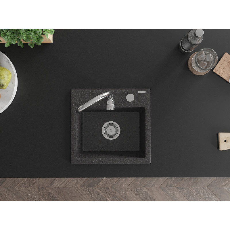 Mexen Milo Granitspüle 1-beckig 435 x 410 mm, schwarz gesprenkelt, Chrom-Siphon - 6505441000-76