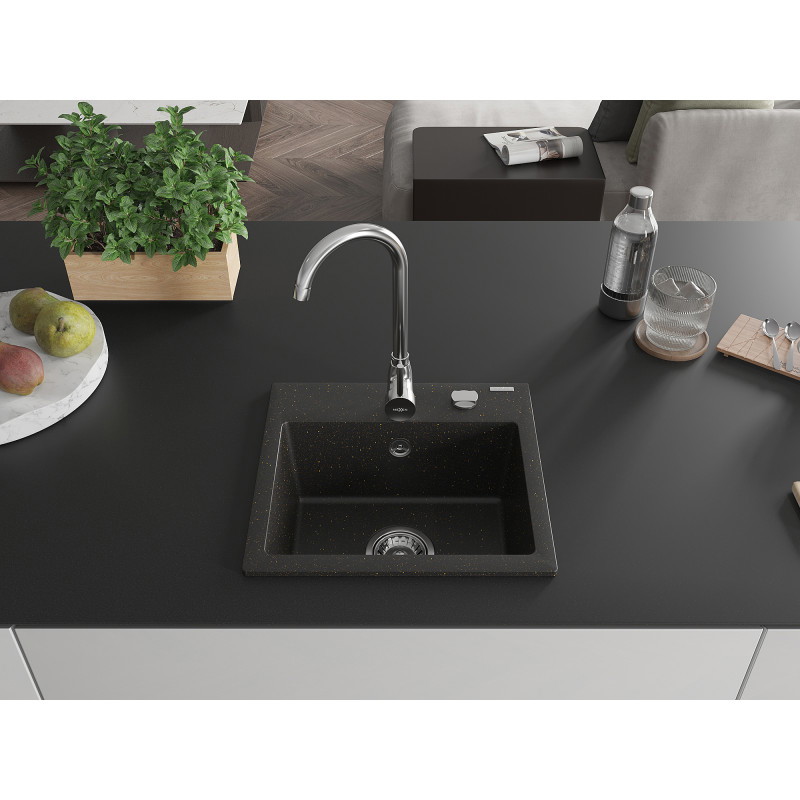 Mexen Milo Granitspüle 1-Becken 435 x 410 mm, schwarz/gold metallic, Chrom-Siphon - 6505441000-75