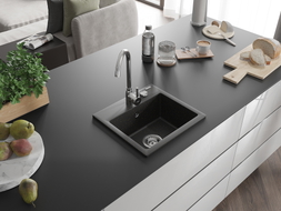 Mexen Milo Granitspüle 1-Becken 435 x 410 mm, schwarz/gold metallic, Chrom-Siphon - 6505441000-75