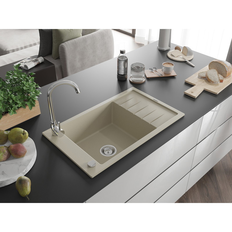 Mexen Elias Granitspüle 1-beckig mit Abtropffläche 795 x 480 mm, beige, Siphon chrom - 6511791005-69