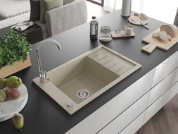 Mexen Elias Granitspüle 1-beckig mit Abtropffläche 795 x 480 mm, beige, Siphon Chrom - 6511791005-69