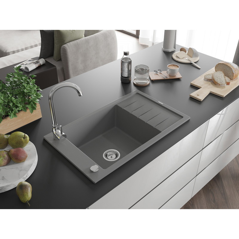 Mexen Elias Granitspüle mit 1 Becken und Abtropffläche 795 x 480 mm, grau, Siphon chrom - 6511791005-71
