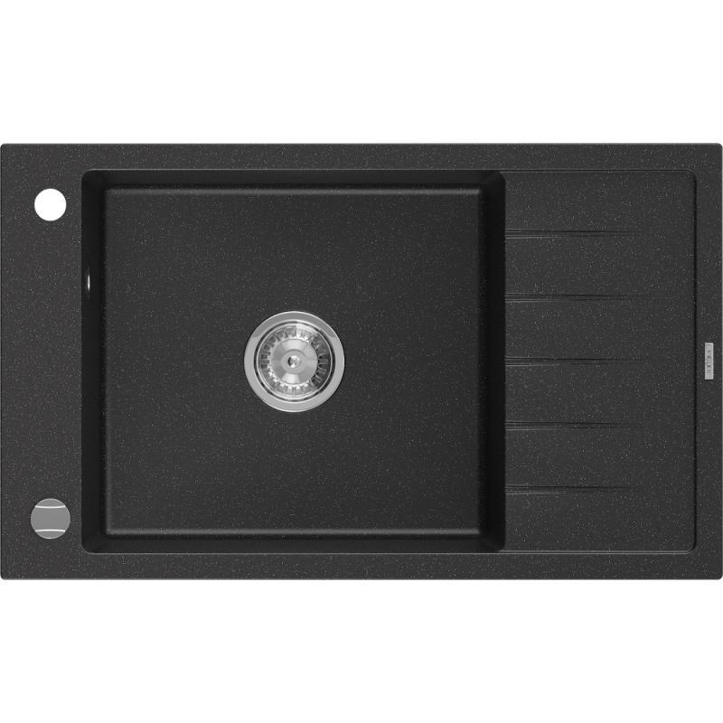 Mexen Elias Granitspüle 1-Becken mit Abtropffläche 795 x 480 mm, schwarz/silber-mettallic, Chromsiphon - 6511791005-73