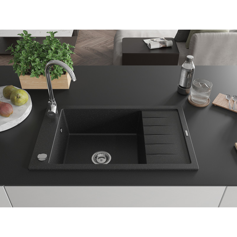 Mexen Elias Granitspüle 1-Becken mit Abtropffläche 795 x 480 mm, schwarz/silber-mettallic, Chromsiphon - 6511791005-73