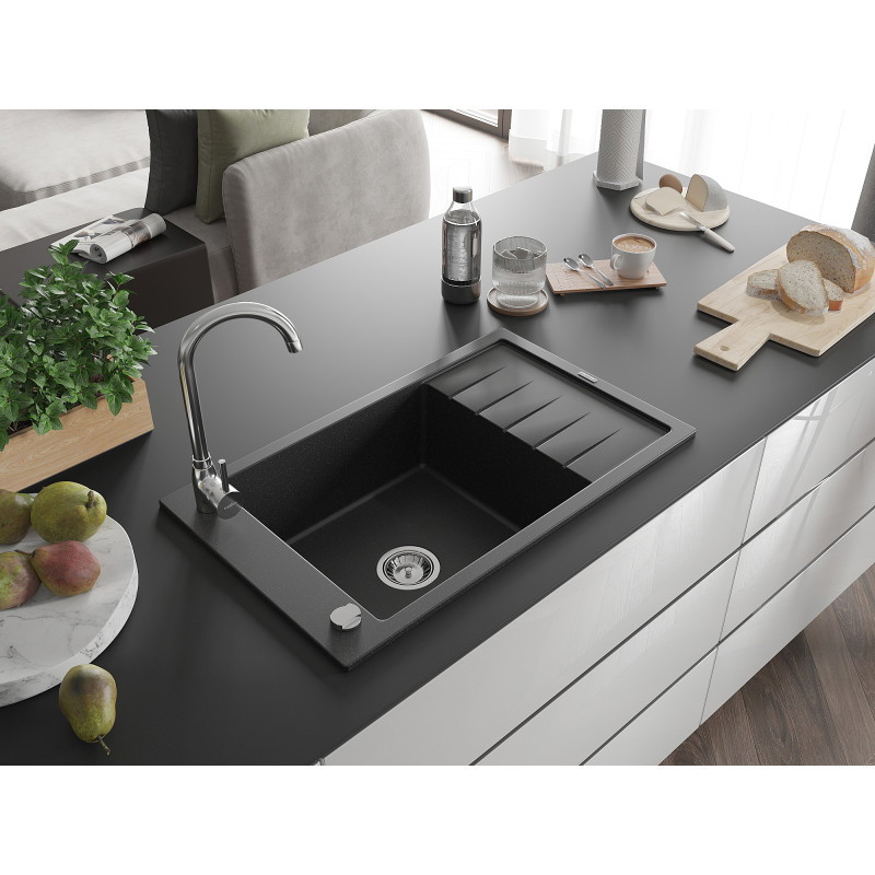 Mexen Elias Granitspüle 1-Becken mit Abtropffläche 795 x 480 mm, schwarz/silber-mettallic, Chromsiphon - 6511791005-73