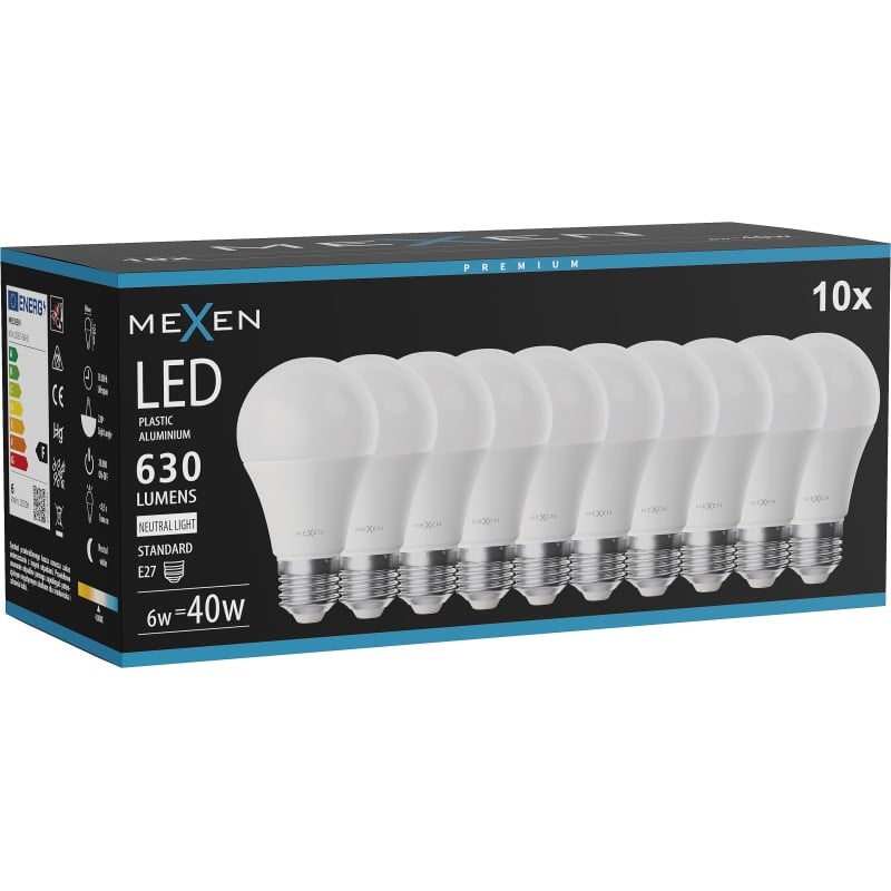 Mexen Nova 10x LED-Glühbirne E27, A60, 6W, Neutral - 4000K, 630 lm - L100-E27-0640-01x10