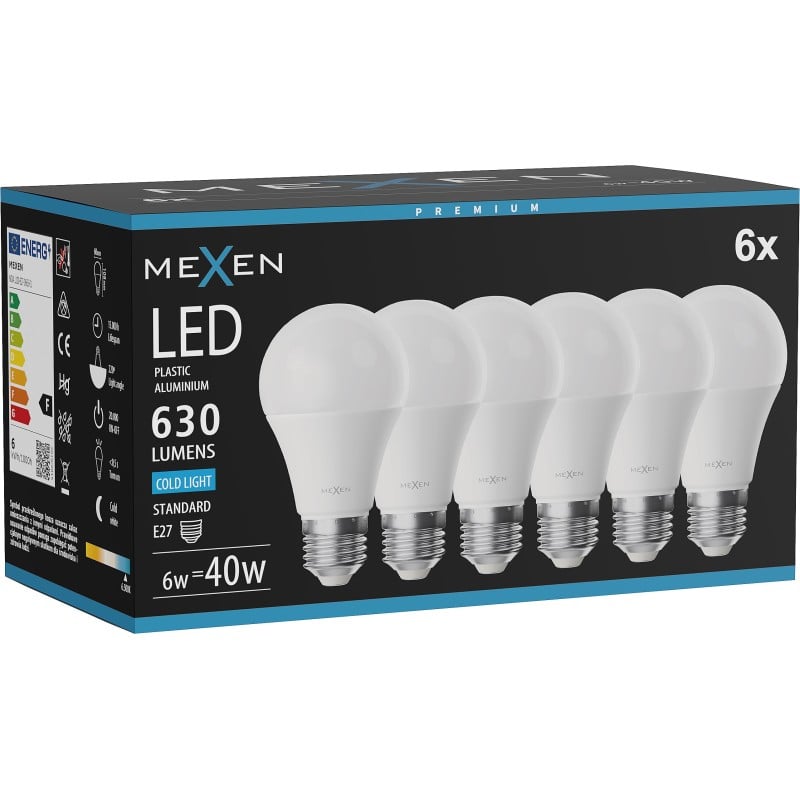 Mexen Nova 10x LED-Glühbirne E27, A60, 6W, Kaltweiß - 6500K, 630 lm - L100-E27-0665-01x10