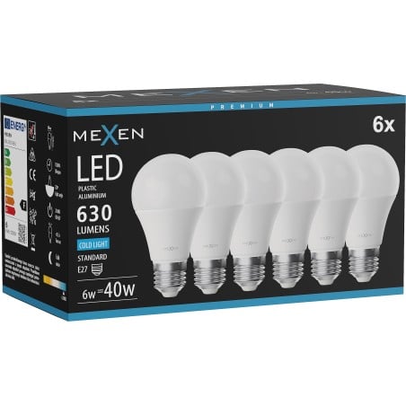 Mexen Nova 10x LED-Glühbirne E27, A60, 6W, Kaltweiß - 6500K, 630 lm - L100-E27-0665-01x10