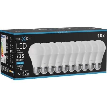 Mexen Nova 10x LED-Glühlampe E27, A60, 7W, Kalt - 6500K, 735 lm - L100-E27-0765-01x10