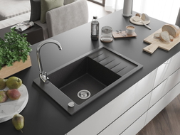 Mexen Elias Granitspüle 1-Becken mit Abtropffläche 795 x 480 mm, schwarz gesprenkelt, Siphon Chrom - 6511791005-76