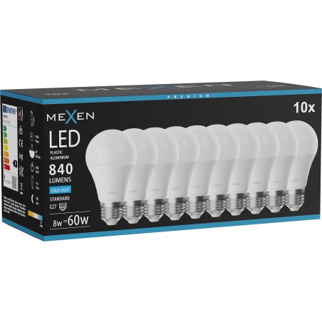 Mexen Nova 10x LED-Glühbirne E27, A60, 8W, Kalt - 6500K, 840 lm - L100-E27-0865-01x10