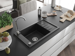 Mexen Elias Granitspüle 1-beckig mit Abtropffläche 795 x 480 mm, schwarz, Siphon chrom - 6511791005-77