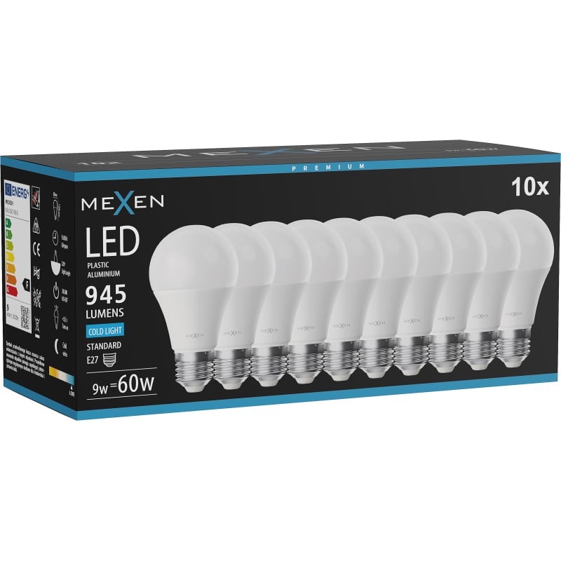 Mexen Nova 10x LED-Glühbirne E27, A60, 9W, Kaltweiß - 6500K, 945 lm - L100-E27-0965-01x10