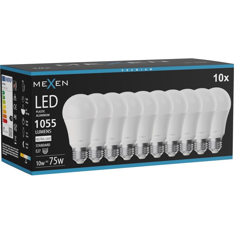 Mexen Nova 10x LED-Glühbirne E27, A60, 10W, Neutral - 4000K, 1055 lm - L100-E27-1040-01x10