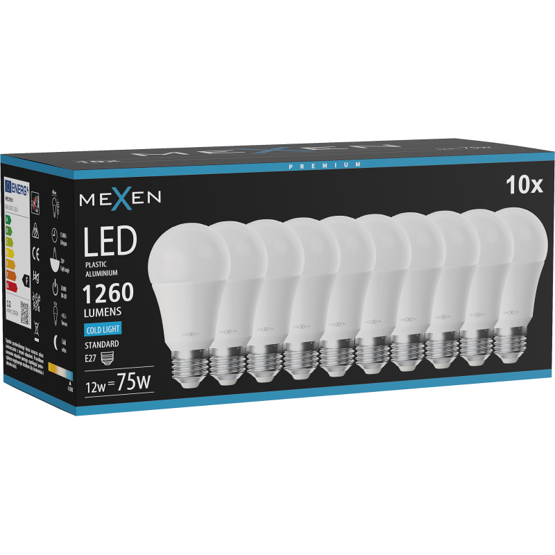 Mexen Nova 10x LED-Glühbirne E27, A60, 12W, Kalt - 6500K, 1260 lm - L100-E27-1265-01x10