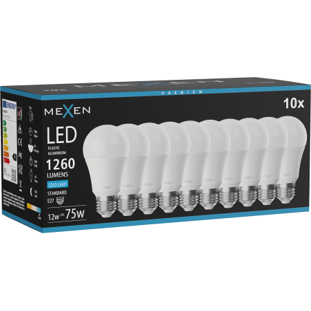 Mexen Nova 10x LED-Glühbirne E27, A60, 12W, Kalt - 6500K, 1260 lm - L100-E27-1265-01x10