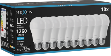 Mexen Nova 10x LED-Glühbirne E27, A60, 12W, Kalt - 6500K, 1260 lm - L100-E27-1265-01x10