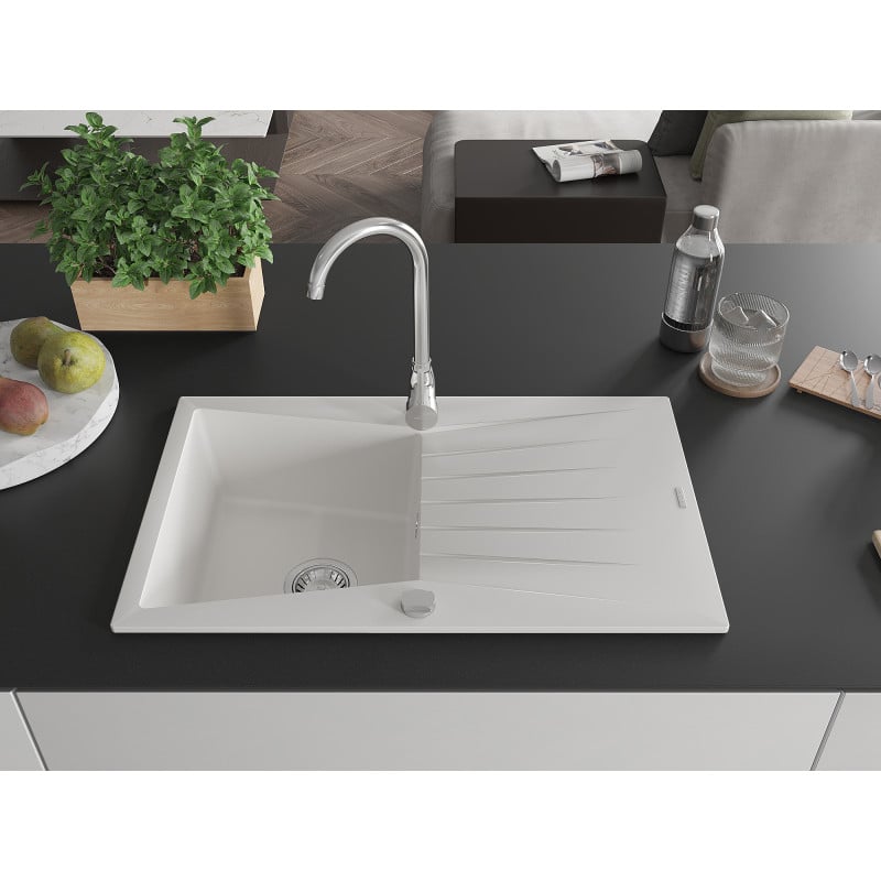 Mexen Cesar Granitspüle 1-Becken mit Abtropffläche 775 x 470 mm, weiß, Siphon Chrom - 6514771010-20