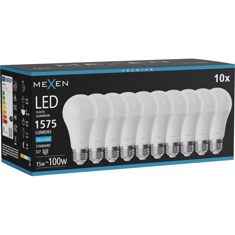 Mexen Nova 10x LED-Lampe E27, A60, 15W, Kalt - 6500K, 1575 lm - L100-E27-1565-01x10