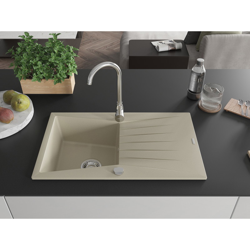 Mexen Cesar granitspüle 1-becken mit abtropffläche 775 x 470 mm, beige, chromsiphon - 6514771010-69