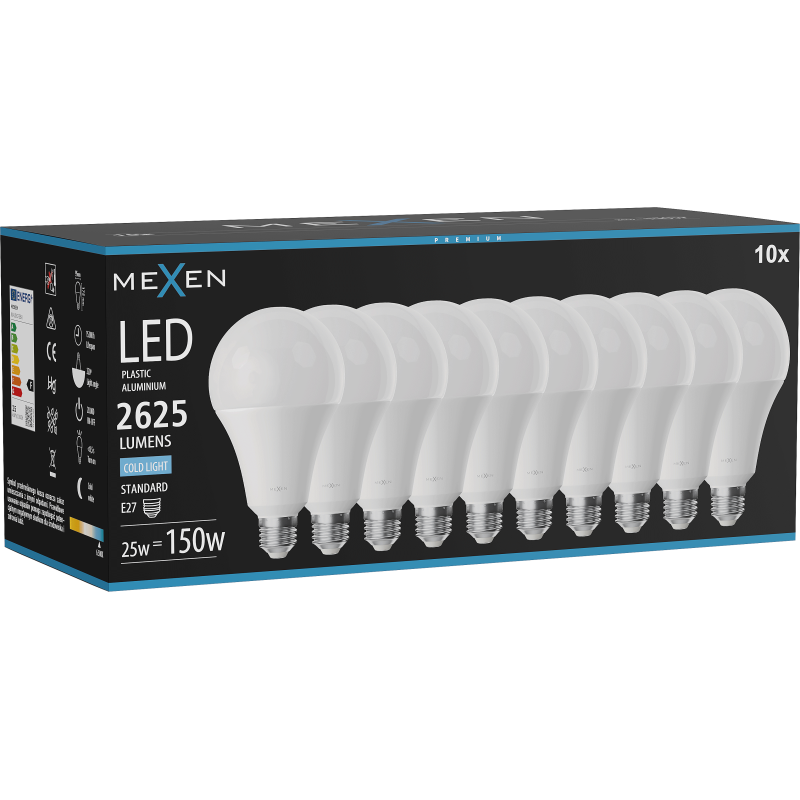 Mexen Nova 10x LED-Glühlampe E27, A95, 25W, Kalt - 6500K, 2625 lm - L100-E27-2565-01x10