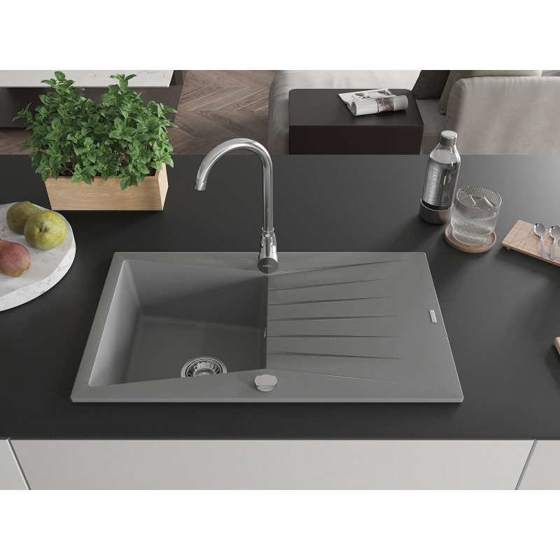 Mexen Cesar Granitspüle 1-becken mit Abtropffläche 775 x 470 mm, grau, Chromsiphon - 6514771010-71