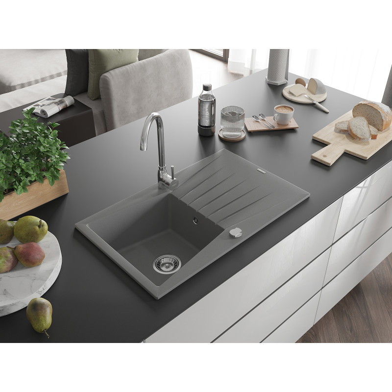 Mexen Cesar Granitspüle 1-becken mit Abtropffläche 775 x 470 mm, grau, Chromsiphon - 6514771010-71