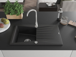 Mexen Cesar granitspüle 1-becken mit abtropffläche 775 x 470 mm, schwarz/silber metallic, siphon chrom - 6514771010-73