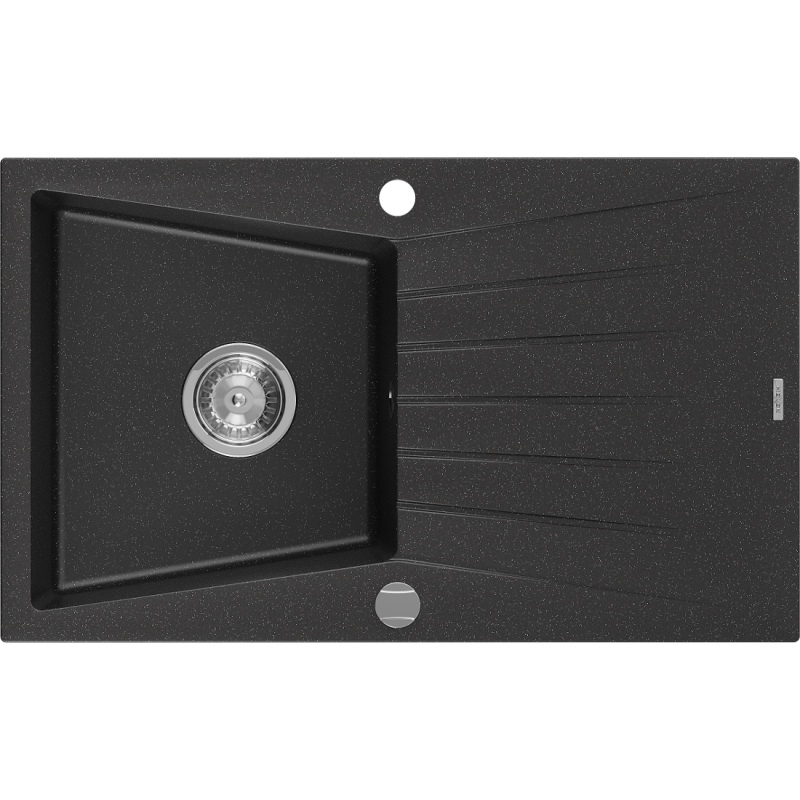 Mexen Cesar granitspüle 1-becken mit abtropffläche 775 x 470 mm, schwarz/silber metallic, siphon chrom - 6514771010-73