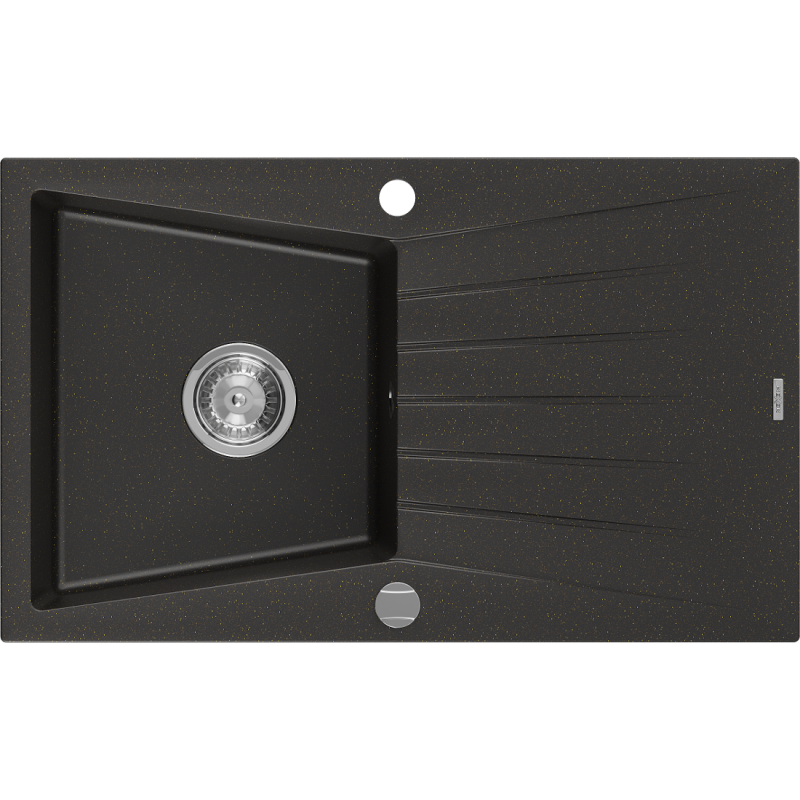 Mexen Cesar Granitspüle 1-beckig mit Abtropffläche 775 x 470 mm, schwarz/gold metallic, Siphon verchromt - 6514771010-75