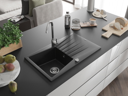 Mexen Cesar Granitspüle 1-becken mit Abtropffläche 775 x 470 mm, schwarz, Siphon Chrom - 6514771010-77