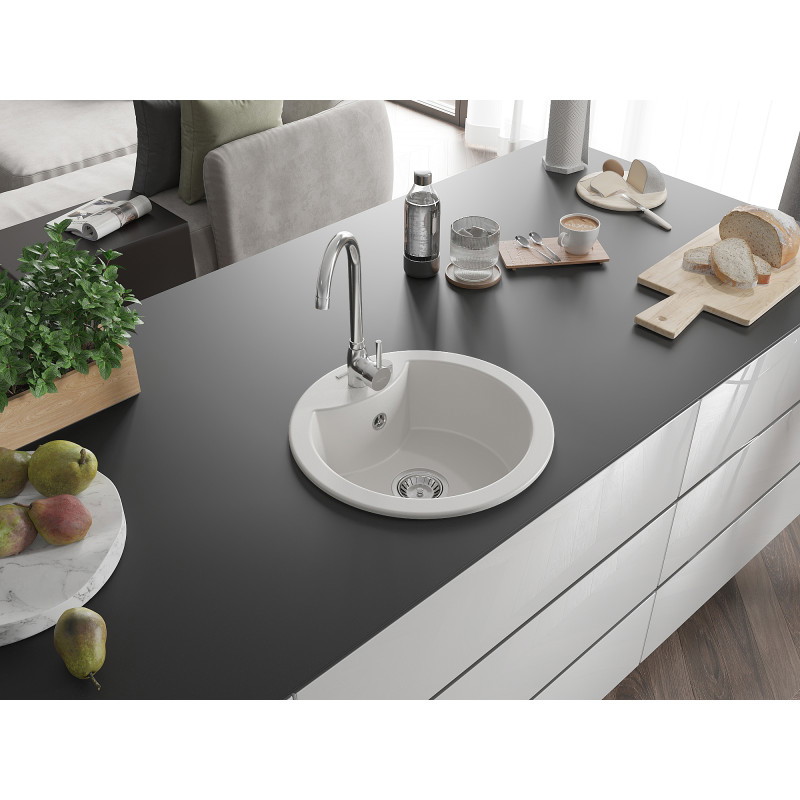 Mexen Diego Granitspüle 1-Becken 488 x 480 mm, weiß, Siphon chrom - 6512481000-20