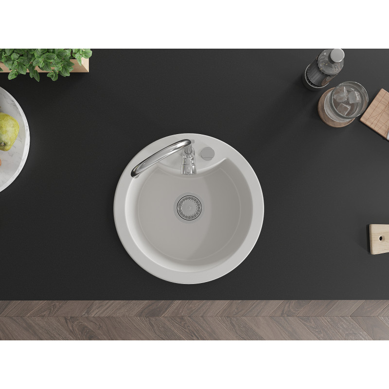 Mexen Diego Granitspüle 1-Becken 488 x 480 mm, weiß, Siphon chrom - 6512481000-20