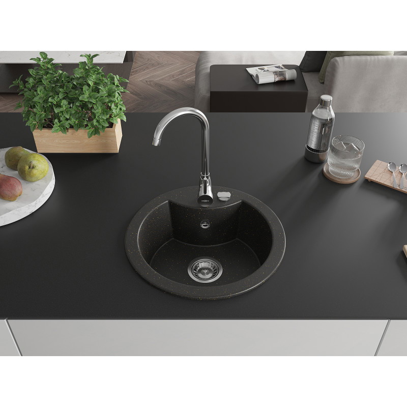 Mexen Diego Granitspüle 1-Becken 488 x 480 mm, schwarz/gold metallisch, Siphon chrom - 6512481000-75