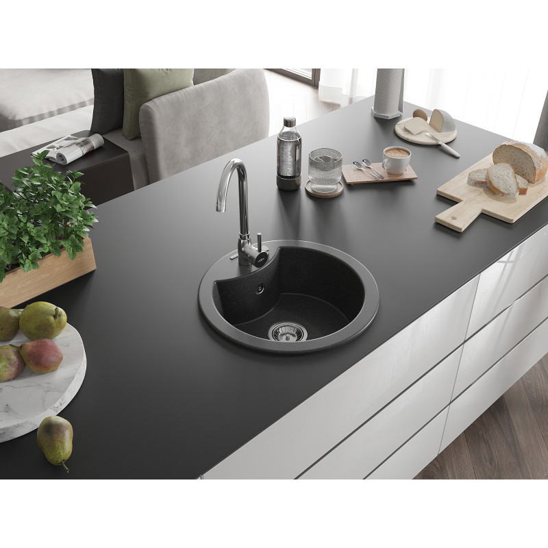 Mexen Diego Granitspüle 1-Kammer 488 x 480 mm, schwarz gesprenkelt, Chrom-Siphon - 6512481000-76