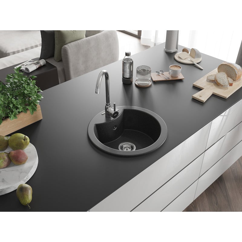 Mexen Diego Granitspüle 1-Becken 488 x 480 mm, schwarz, Siphon Chrom - 6512481000-77