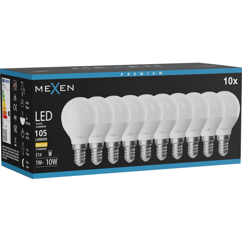 Mexen Nova 10x LED-Glühbirne E14, G45, 1W, Warm - 3000K, 105 lm - L101-E14-0130-01x10