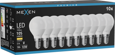 Mexen Nova 10x LED-Glühbirne E14, G45, 1W, Warm - 3000K, 105 lm - L101-E14-0130-01x10