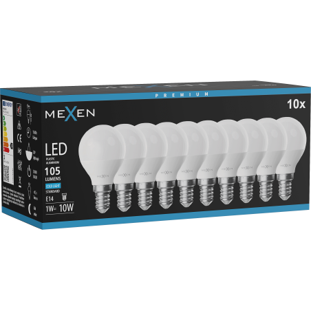 Mexen Nova 10x LED-Lampe E14, G45, 1W, Kaltweiß - 6500K, 105 lm - L101-E14-0165-01x10