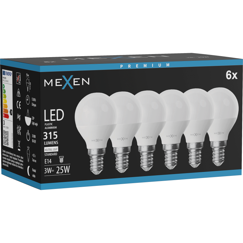 Mexen Nova 6x LED-Glühbirne E14, G45, 3W, Neutral - 4000K, 315 lm - L101-E14-0340-01x06