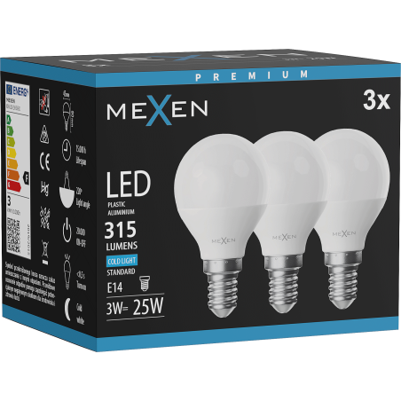 Mexen Nova 3x LED-Glühbirne E14, G45, 3W, Kalt - 6500K, 315 lm - L101-E14-0365-01x03