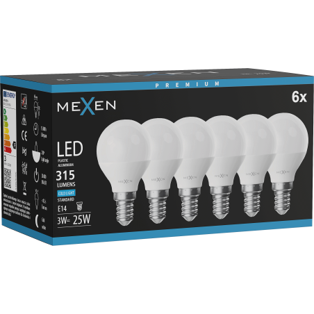Mexen Nova 6x LED-Glühbirne E14, G45, 3W, Kalt - 6500K, 315 lm - L101-E14-0365-01x06