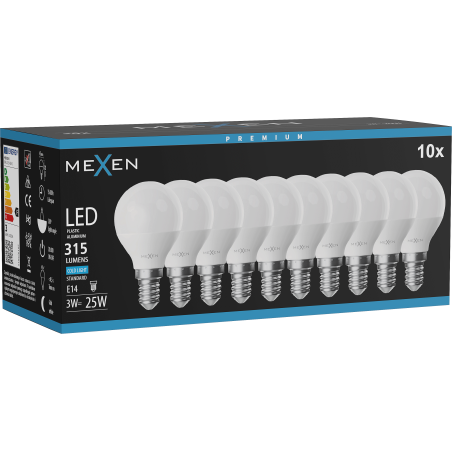 Mexen Nova 10x LED-Glühbirne E14, G45, 3W, Kalt - 6500K, 315 lm - L101-E14-0365-01x10